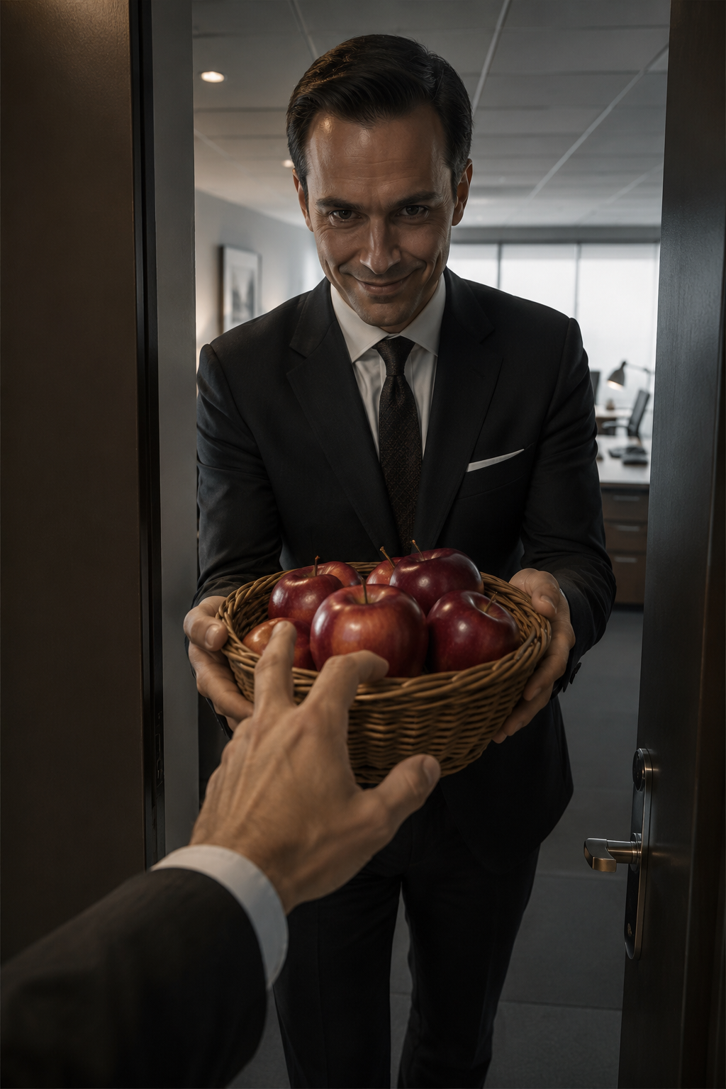 Ilustración generada por IA de una manzana envenenada, representando el modelo de gestión de los noventa